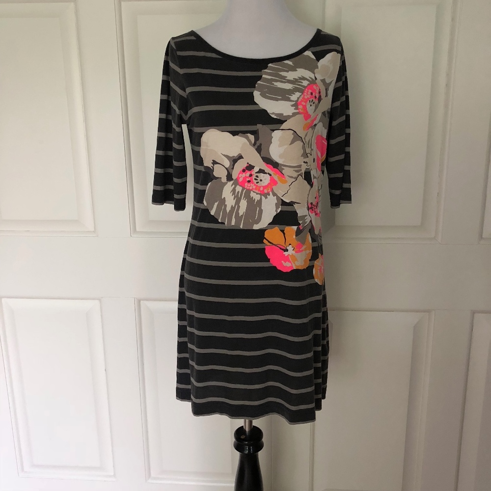 GRAY STRIPE ABSTRACT FLORAL COTTON JERSEY DRESS